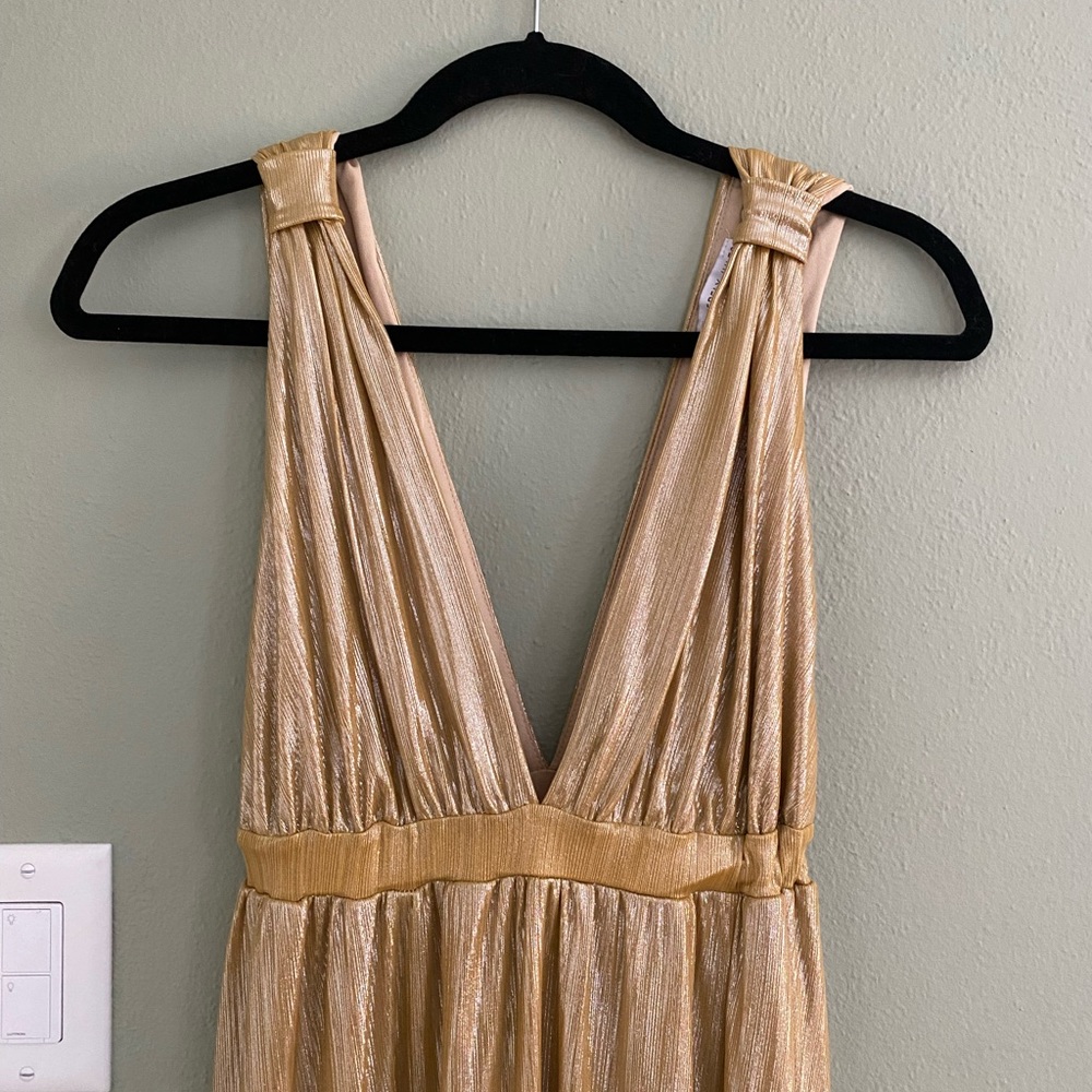 Sincerely Jules dress |  Shiny gold, plunge front, floor length